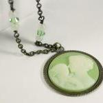mom and baby cameo necklace green with antiqued brass